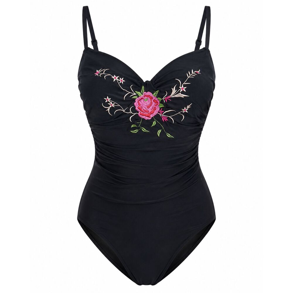 Sun Streak Black One Piece Swimsuit Pink Rose Embroidered Size 14